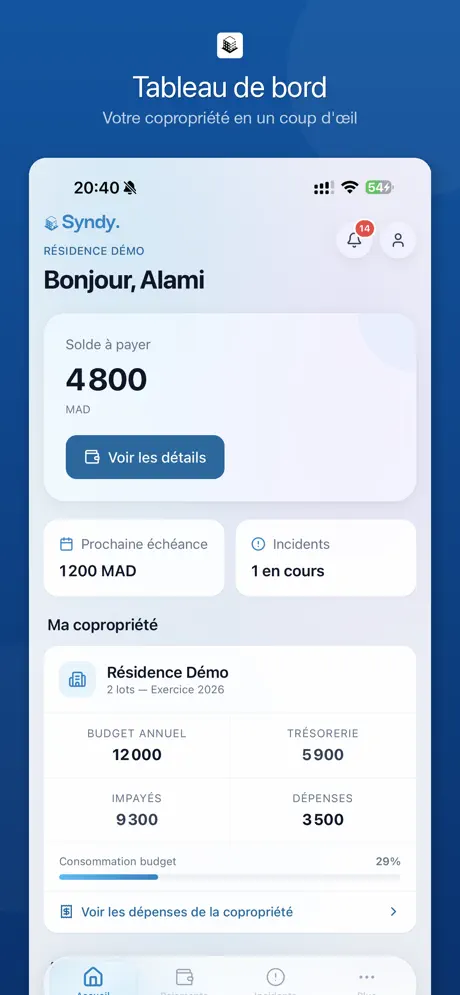Syndy resident app — dashboard